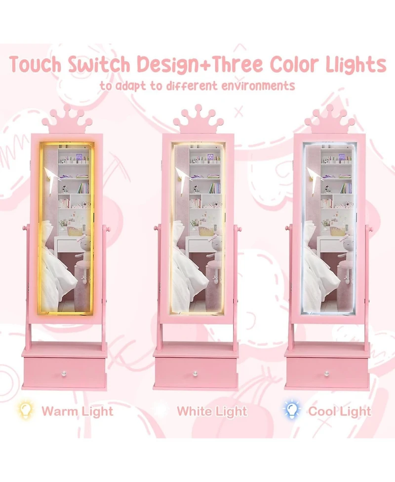 gaomon Kids Jewelry Armoire,Child Jewelry Cabinet with Led Light,Freestanding Jewelry Organizer with Full Length Mirror&Storage Drawers