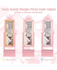 gaomon Kids Jewelry Armoire,Child Jewelry Cabinet with Led Light,Freestanding Jewelry Organizer with Full Length Mirror&Storage Drawers