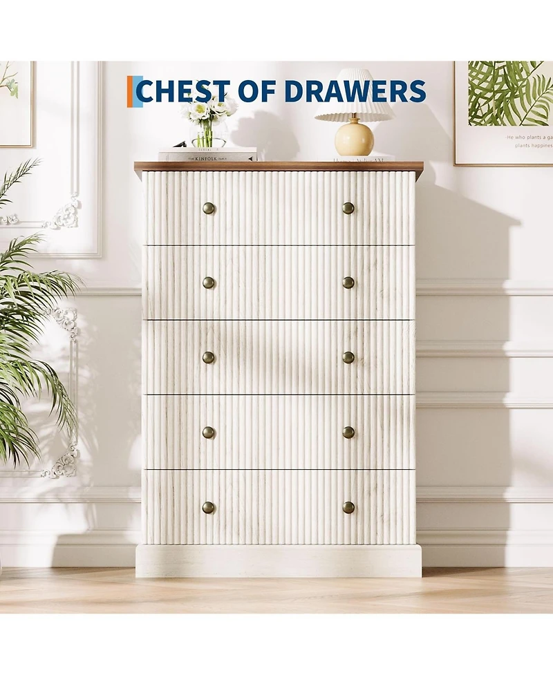 gaomon 5 Drawer Tall Dresser for Bedroom, Fluted Vertical Chest of Drawers