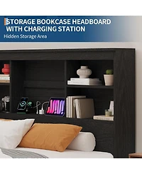 gaomon Full Bed Frame with Storage Bookcase Headboard & 4 Drawers, Wood Platform Bed with Charging Station