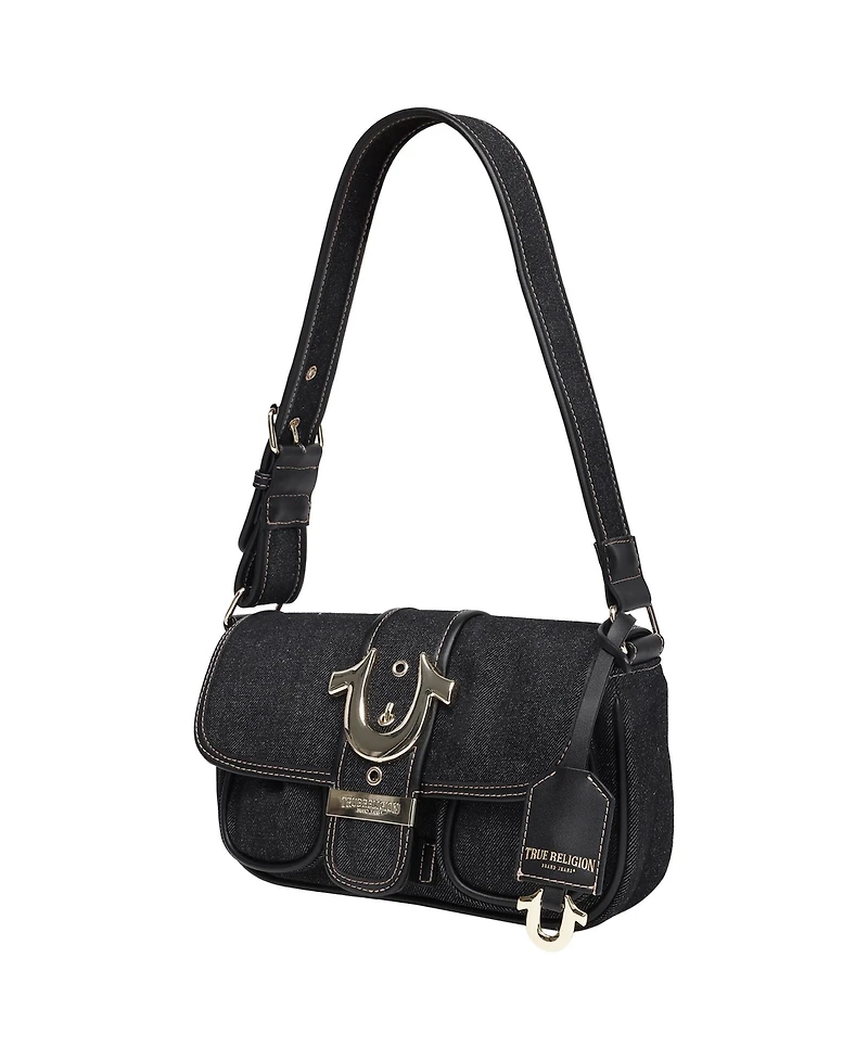 True Religion Double Pocket Denim Satchel with Horseshoe Hardware