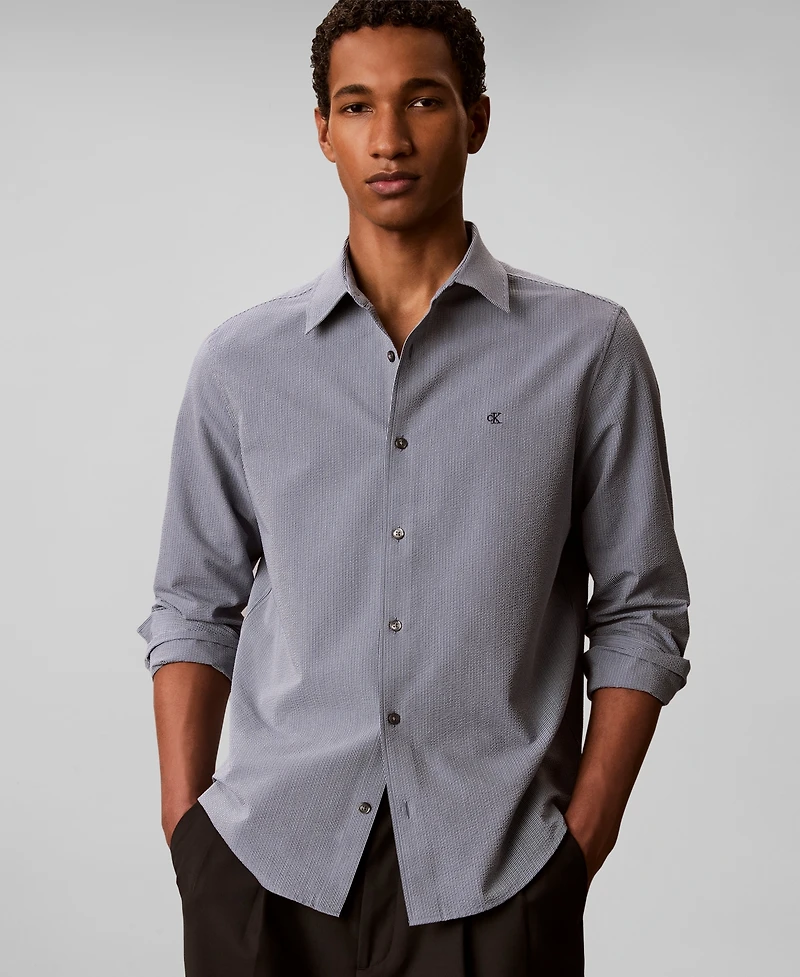 Calvin Klein Men's Yarn-Dyed Stripe Seersucker Classic Button-Down Shirt