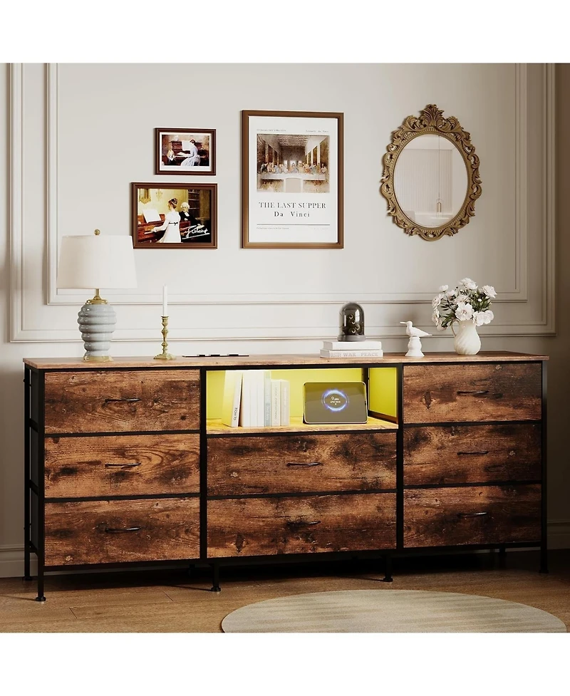 gaomon Tv Stand Dresser for 45-65 Inch Tv, Entertainment Center with Led Lights, 8 Fabric Drawers, Metal Frame Storage Cabinet