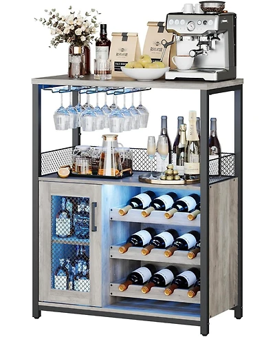 Wooden Wine Bar Cabinet with Led Light, Adjustable Shelves, Glass Holders & Mesh Door, Compact Sideboard