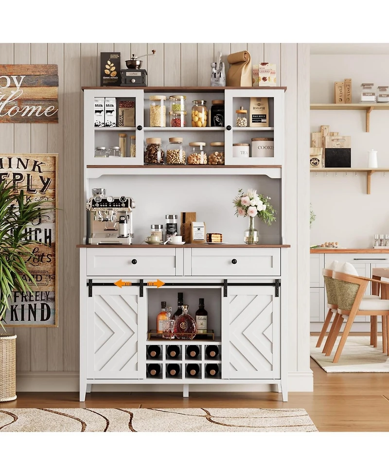 gaomon 72" Sliding Barn Door High Bar Cabinet Farmhouse, Large Kitchen Buffet with Hutch Wine Storage