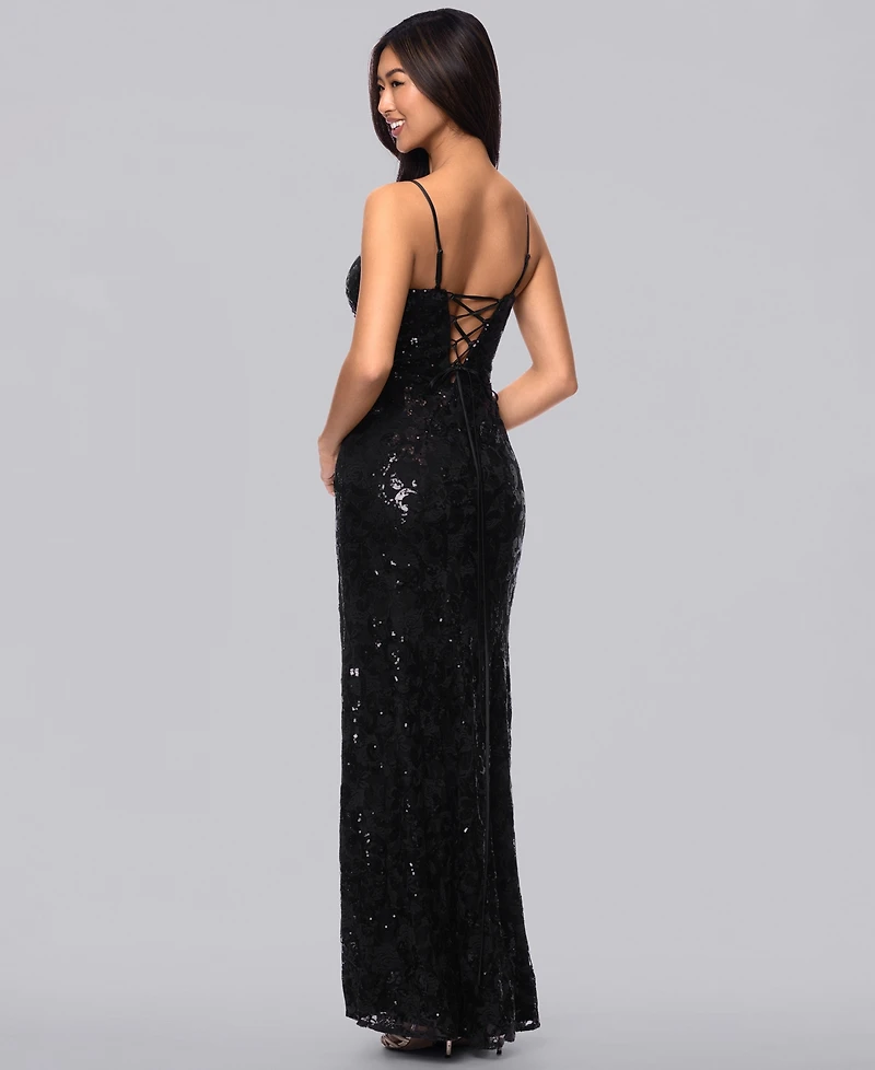 Blondie Nites Juniors' Sequined Lace Cutout-Front Lace-Up-Back Gown