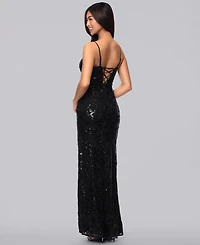 Blondie Nites Juniors' Sequined Lace Cutout-Front Lace-Up-Back Gown