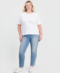 Style & Co Plus Size Button-Shoulder Cuffed Elbow-Sleeve Top, Macy's Exclusive