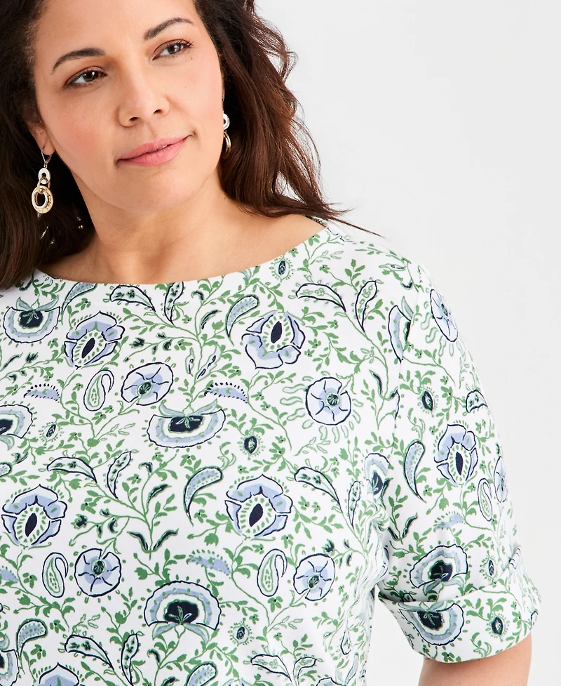 Style & Co Plus Printed Boat-Neck Elbow-Sleeve Top, Macy's Exclusive