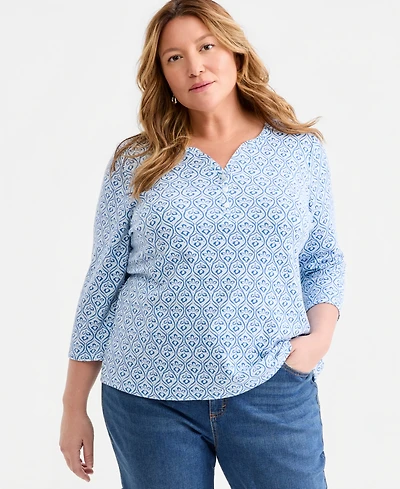 Style & Co Plus Geo-Print 3/4-Sleeve Henley Top, Macy's Exclusive
