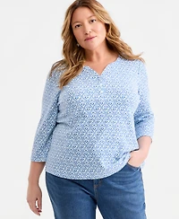 Style & Co Plus Geo-Print 3/4-Sleeve Henley Top, Macy's Exclusive