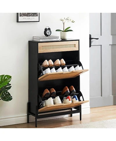 gaomon Slim Freestanding Wooden Shoe Cabinet with 2 Flip Drawers and Linen Front Panels