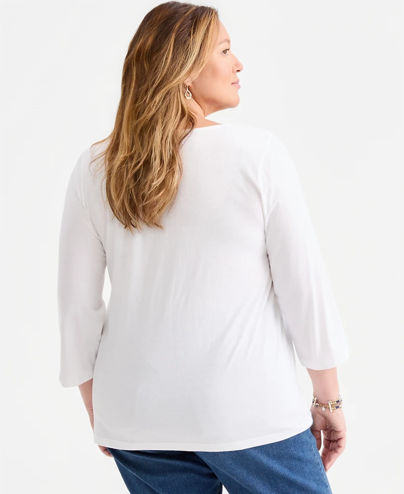 Style & Co Plus Embroidered Split-Neck 3/4-Sleeve Top, Macy's Exclusive