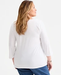 Style & Co Plus Embroidered Split-Neck 3/4-Sleeve Top, Macy's Exclusive