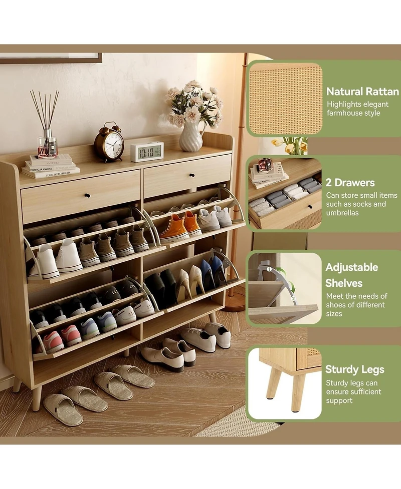 gaomon Rattan Shoe Cabinet Storage for Entryway, Shoe Organizer Cabinet with 4 Flip Drawers and 2 Slide Drawers, Hidden Shoe Storage Free Standing
