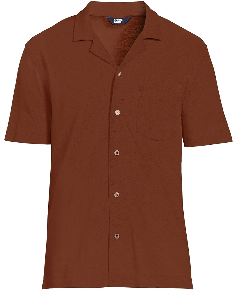 Lands' End Men's Short Sleeve Cotton Linen Button Through Camp Collar Shirt