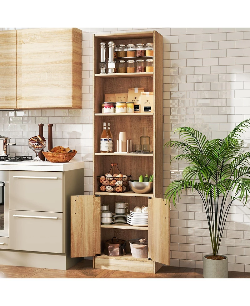 Slickblue 71 Inch 6-Tier Tall Bookshelf with Double Doors 4 Open Cubes-Oak