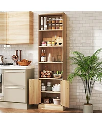 Slickblue 71 Inch 6-Tier Tall Bookshelf with Double Doors 4 Open Cubes-Oak