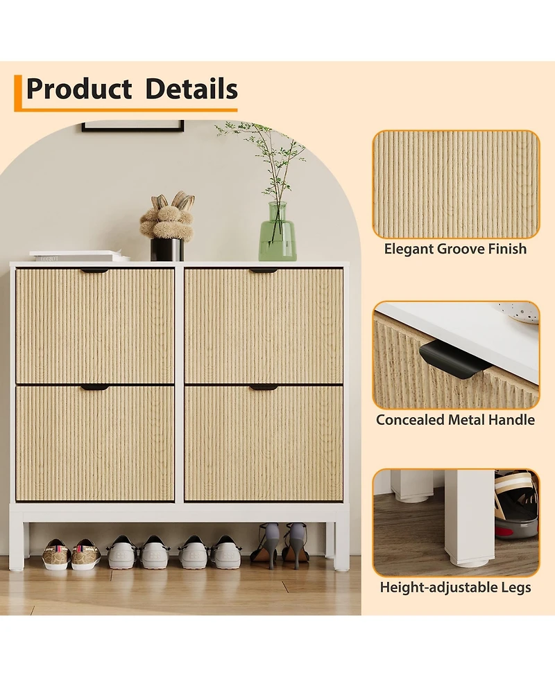 gaomon Modern Fluted 4-Flip-Drawer Shoe Cabinet, Narrow Freestanding Hidden Entryway Storage