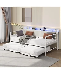 gaomon Twin Daybed with Trundle & Led Light, Metal Frame, Corduroy Headboard, Charging Station for Bedroom