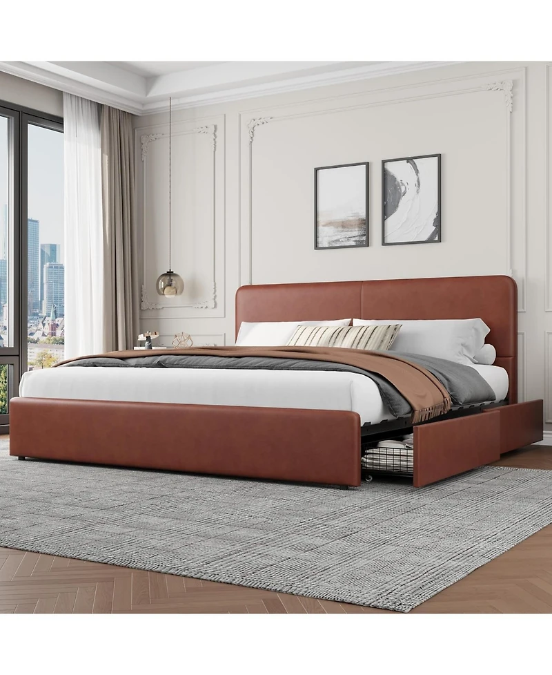 gaomon King Upholstered Platform Bed Frame with Headboard & Storage Drawers, Wood Slats Support, Noise Free