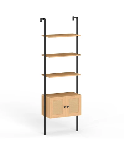 Slickblue Ladder Bookshelf 5 Tier with Rattan Cabinet and Metal Frame
