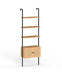 Slickblue Ladder Bookshelf 5 Tier with Rattan Cabinet and Metal Frame
