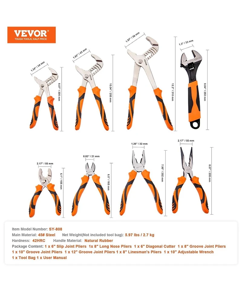 Xdovet 8-Piece Pliers Set, High Carbon Steel - 12", "10", "8" Groove and Linesman's Pliers and Adjustable Wrench and Tool Bag