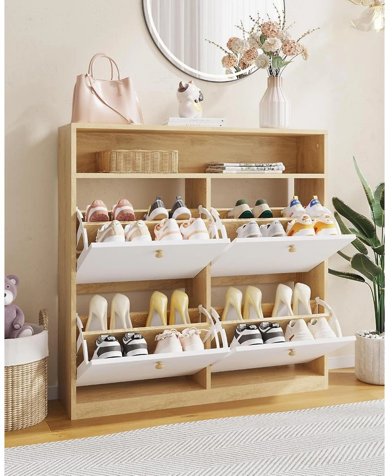 gaomon Modern Shoe Storage Cabinet with 4 Flip Drawers and Wooden Handles