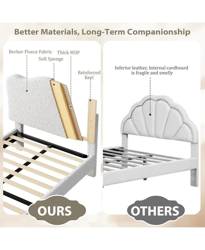 gaomon Upholstered Twin Bed Frame for Kids with Scallop Velvet Headboard, Sturdy Platform Design, Wooden Slats, Noise-Free
