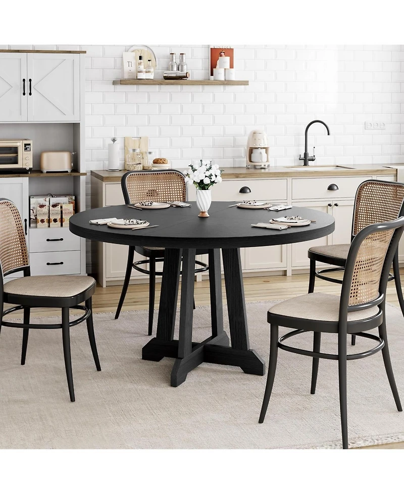 gaomon Round Dining Table for 4-6, 47" Kitchen/Living Room Table, Pedestal, Black, Space-Saving Wooden Table