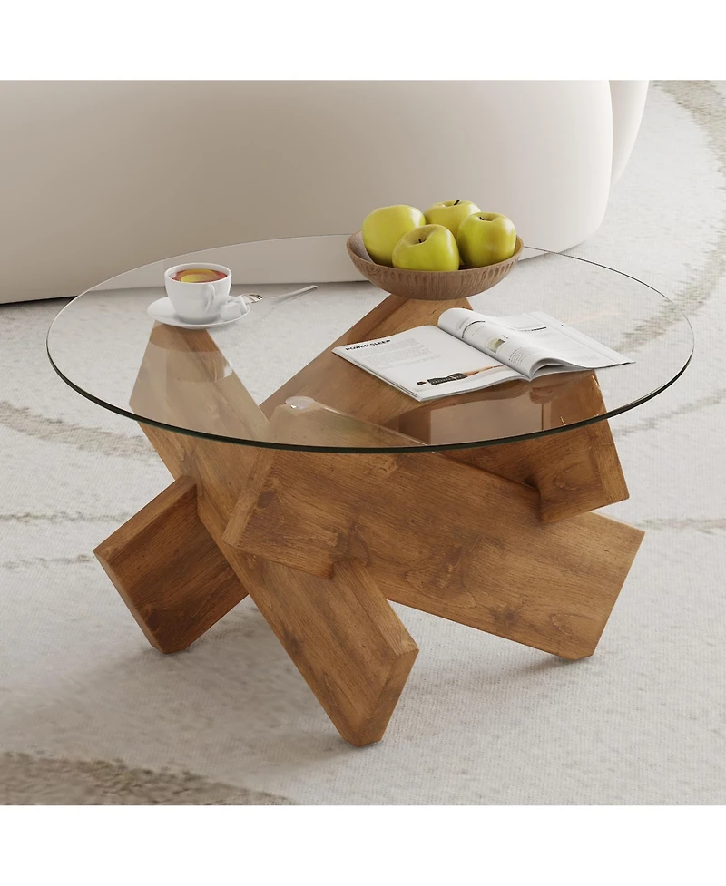 Rainsken Round Glass Top Coffee Tables, Modern Unique Center Table with Crossed Wood Legs for Living Room