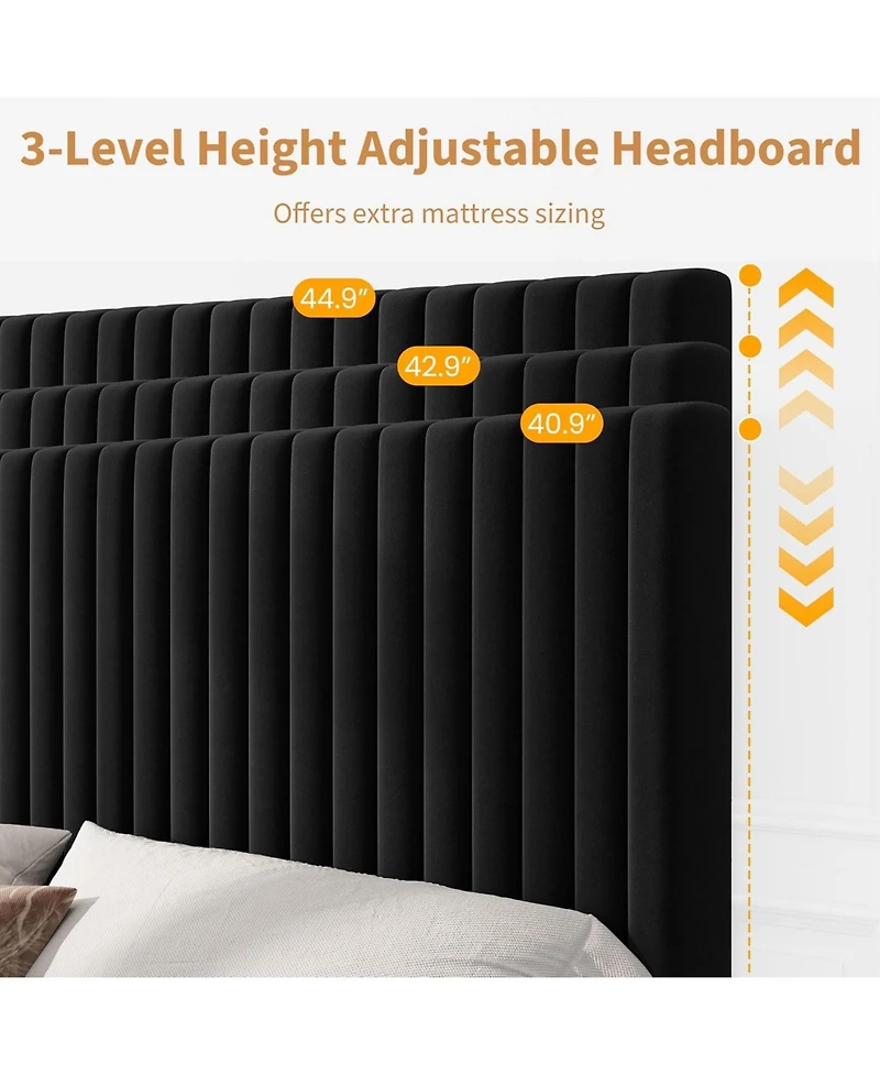 gaomon Velvet Platform Bed Frame with Vertical Channel Tufted Adjustable Headboard, Wooden Slats Support, No Box Spring