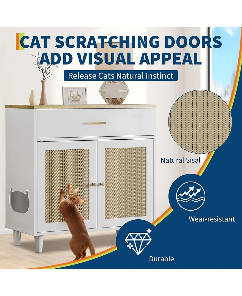 gaomon Hidden Cat Litter Box Enclosure Furniture, 31.5" Wooden Dog Proof Cat Litter Box Enclosure Cabinet with Drawer and 2 Sisal Doors