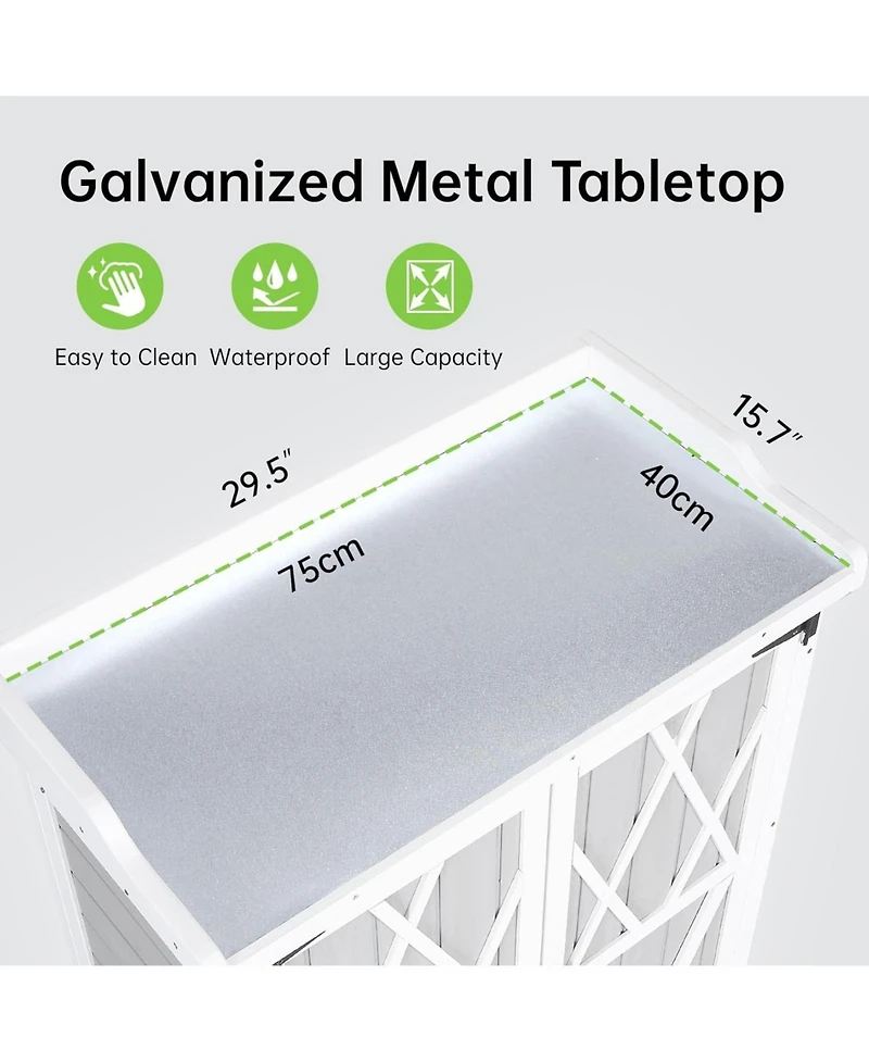 gaomon Outdoor wooden potting bench with metal worktop, waterproof storage cabinet, adjustable shelves, and double doors—ideal for gardening ta
