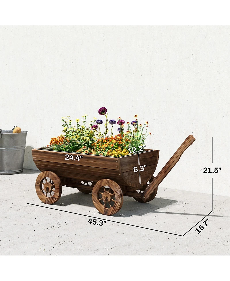 Outsunny Wooden Wagon Planter Box, Mobile Garden Planter with 4 Wheels