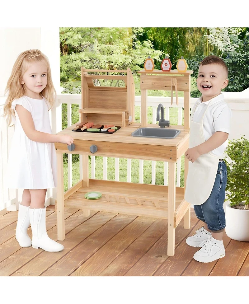 Hongge Wooden Barbecue Grill Playset with Play Food and Open Shelves
