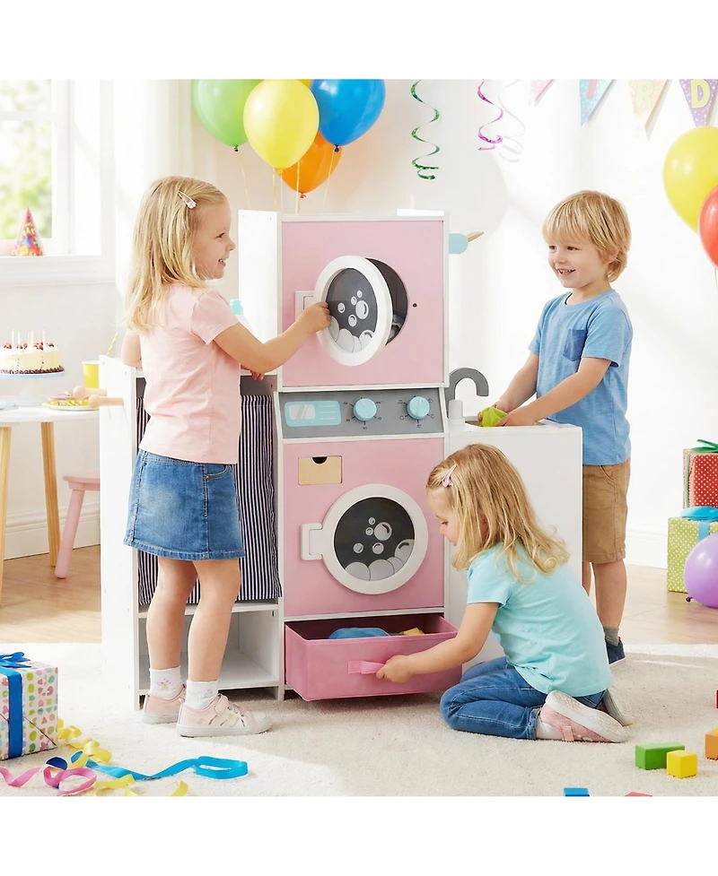 Mecale Wooden Kids Laundry Playset with Detergent Bottle & Clothes Hangers for Pretend Play