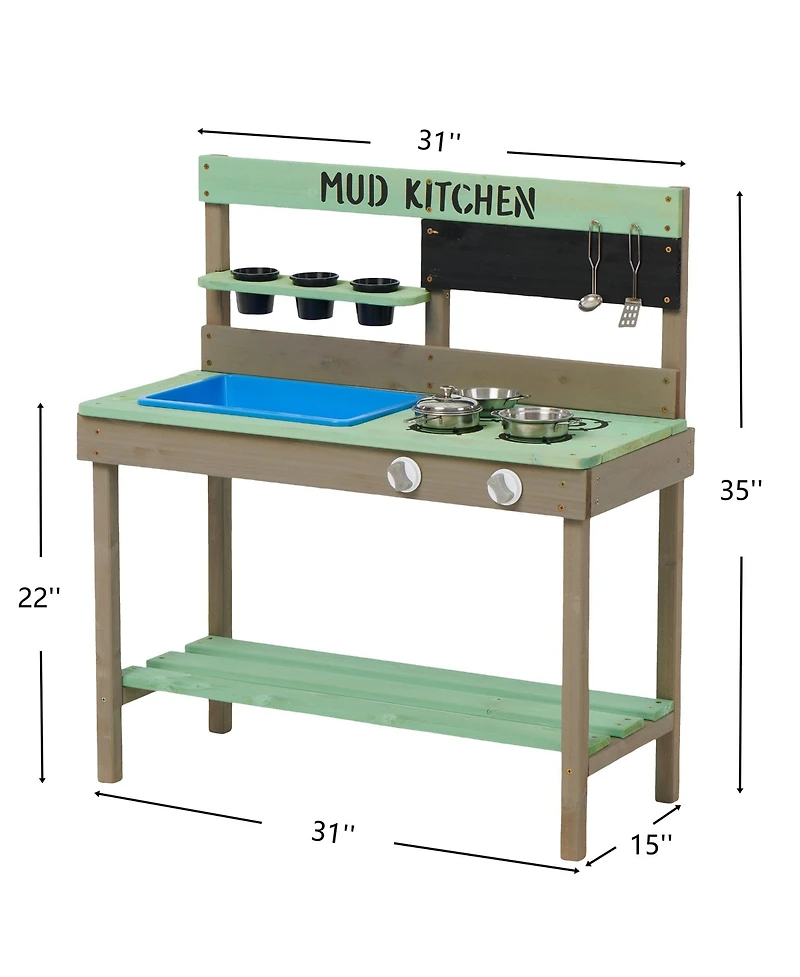 Clihome Kids Play Kitchen, Wood Mud Kitchen with Water Play Set & Cooking Toys for Outdoor, Gift for 3-8