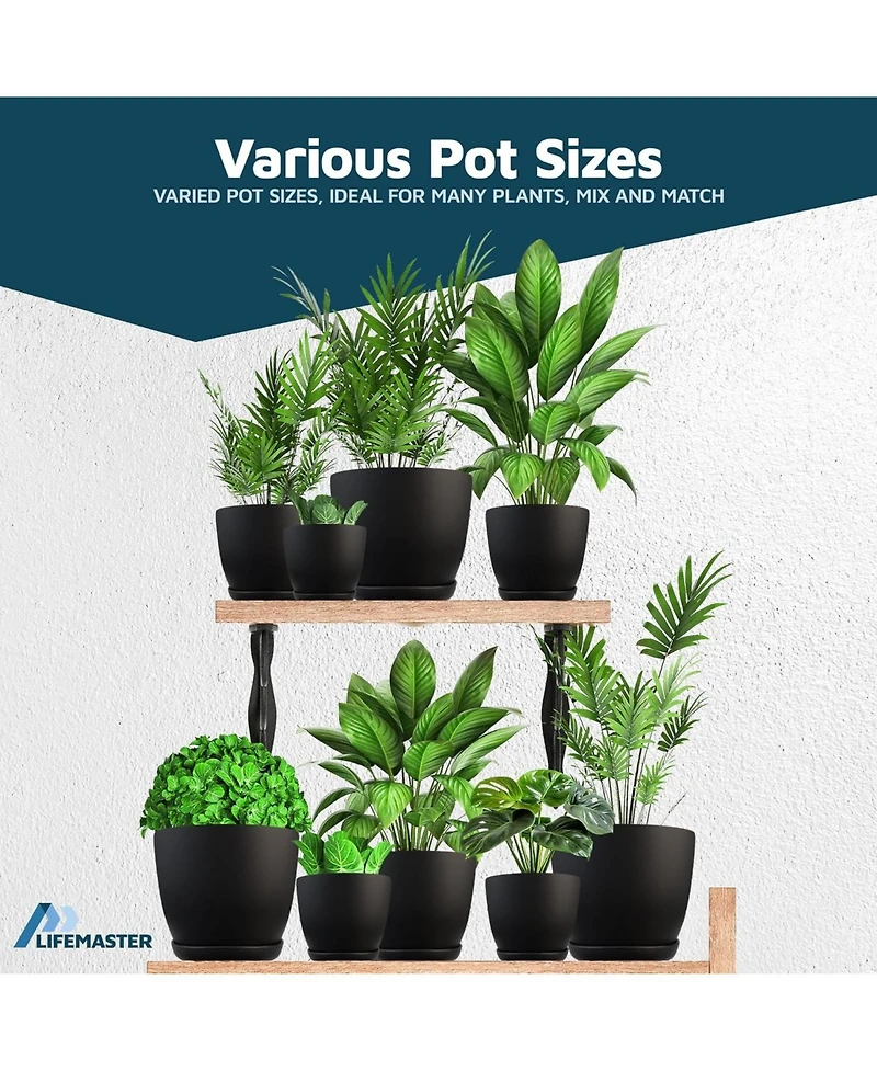 Lifemaster Plant Pots 15 Pack with Drainage Holes & Saucers, Durable & Weatherproof Stackable Indoor & Outdoor Planters