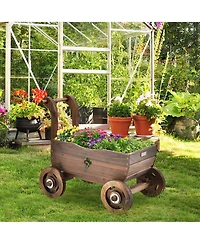 Decorative Wagon Cart Plant Flower Pot Stand Wooden Raised Garden Planter Box