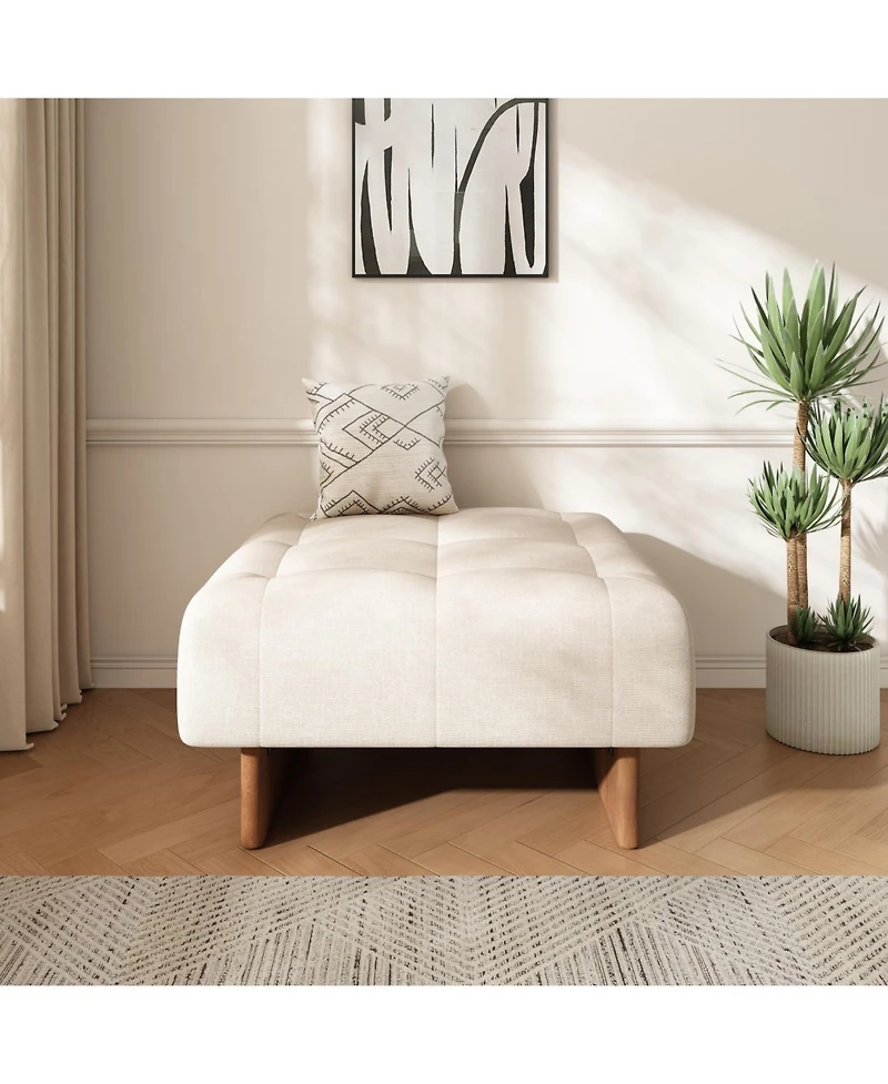 Streamdale Furniture Square Upholstered Tufted Linen Fabric Ottoman, Solid Wood Legs