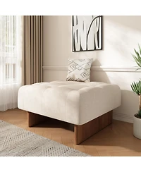 Streamdale Furniture Square Upholstered Tufted Linen Fabric Ottoman, Solid Wood Legs