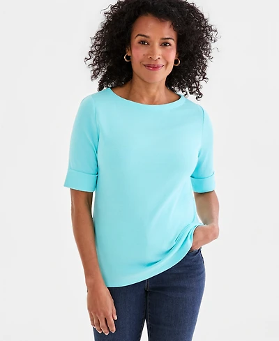 Style & Co Petite Cotton Elbow-Sleeve Boat-Neck Top, Exclusively at Macy's