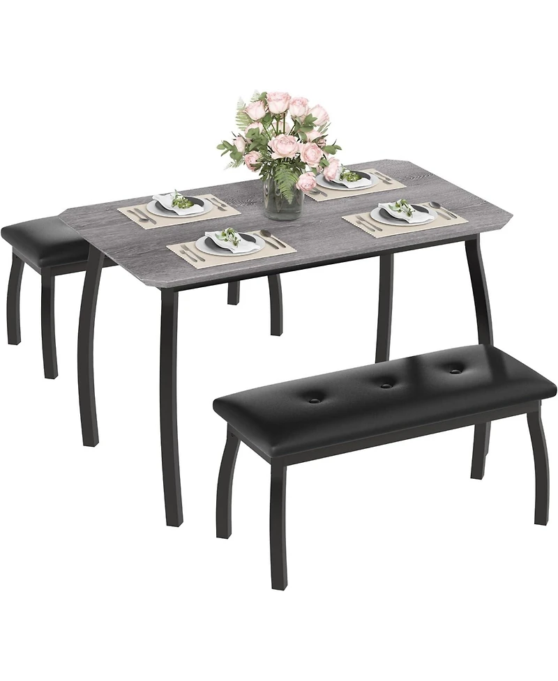 gaomon 3-Piece Wooden Dining Table Set with 2 Upholstered Benches