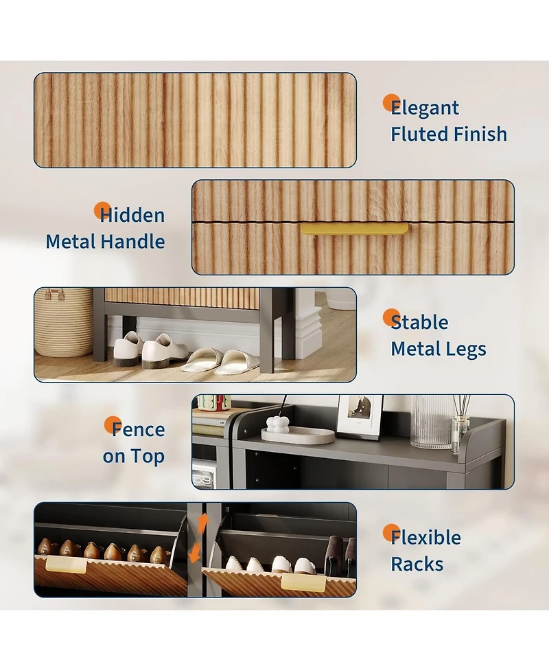 gaomon Narrow Fluted Shoe Storage Cabinet with 2 Flip Drawers and Legs