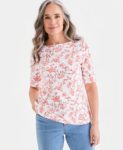 Style & Co Petite Elbow-Sleeve Fresh Paisley Print Boat Neck Top, Macy's Exclusive