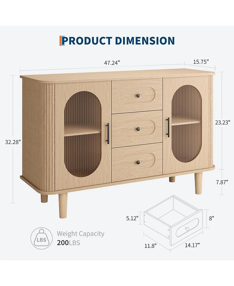gaomon Sideboard with Fluted Glass Doors and 3 Drawers with Adjustable Shelves for Kitchen
