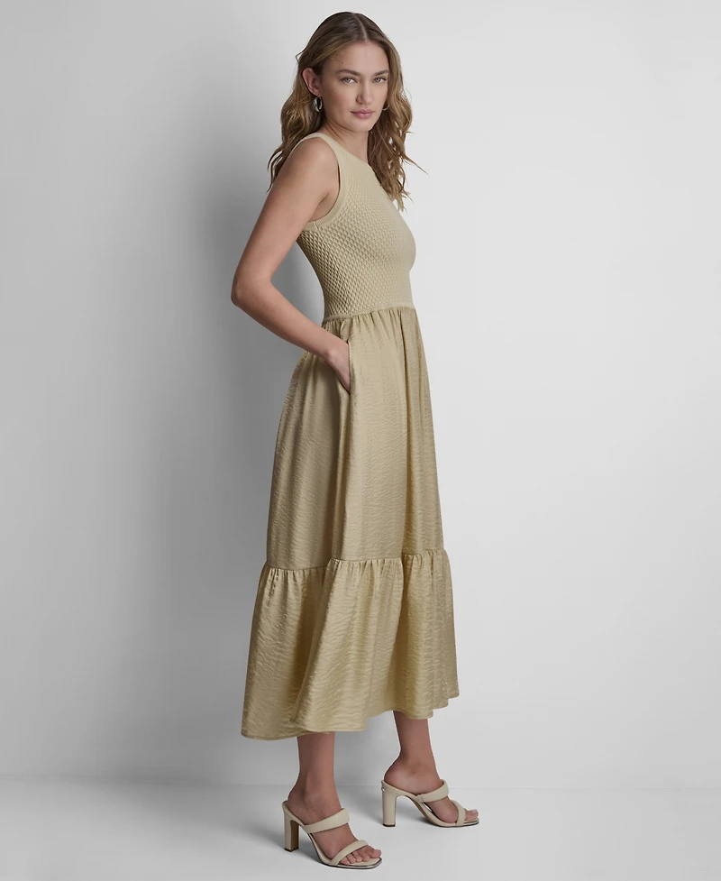Dkny Women's Sleeveless Sweater Top Mixed Media Midi Dress