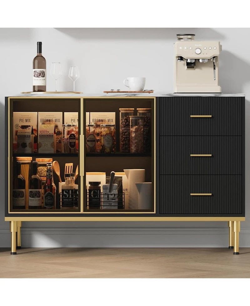 gaomon Buffet Sideboard Cabinet with Storage, 46.4" Large Fluted Kitchen 2 Glass Doors 3 Drawers and Shelves